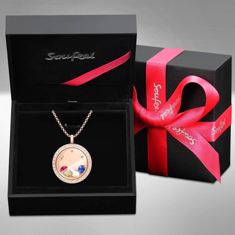 Collana Medaglione Galleggiante Personalizzato Birthstone Con Incisione In Oro Rosa Placcato