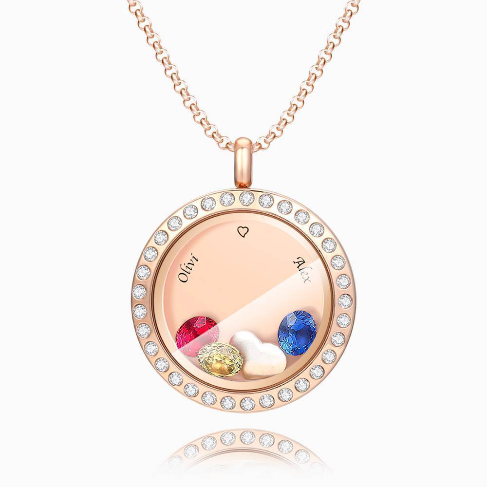 Collana Medaglione Galleggiante Personalizzato Birthstone Con Incisione In Oro Rosa Placcato