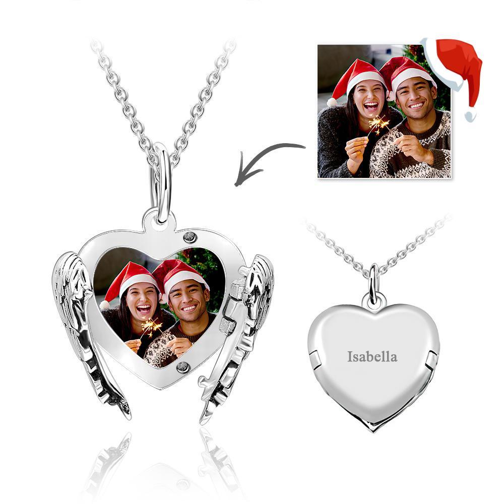 Collana con Medaglione con Foto Incisa in Argento Sterling con Cuore Personalizzato con ali D'angelo