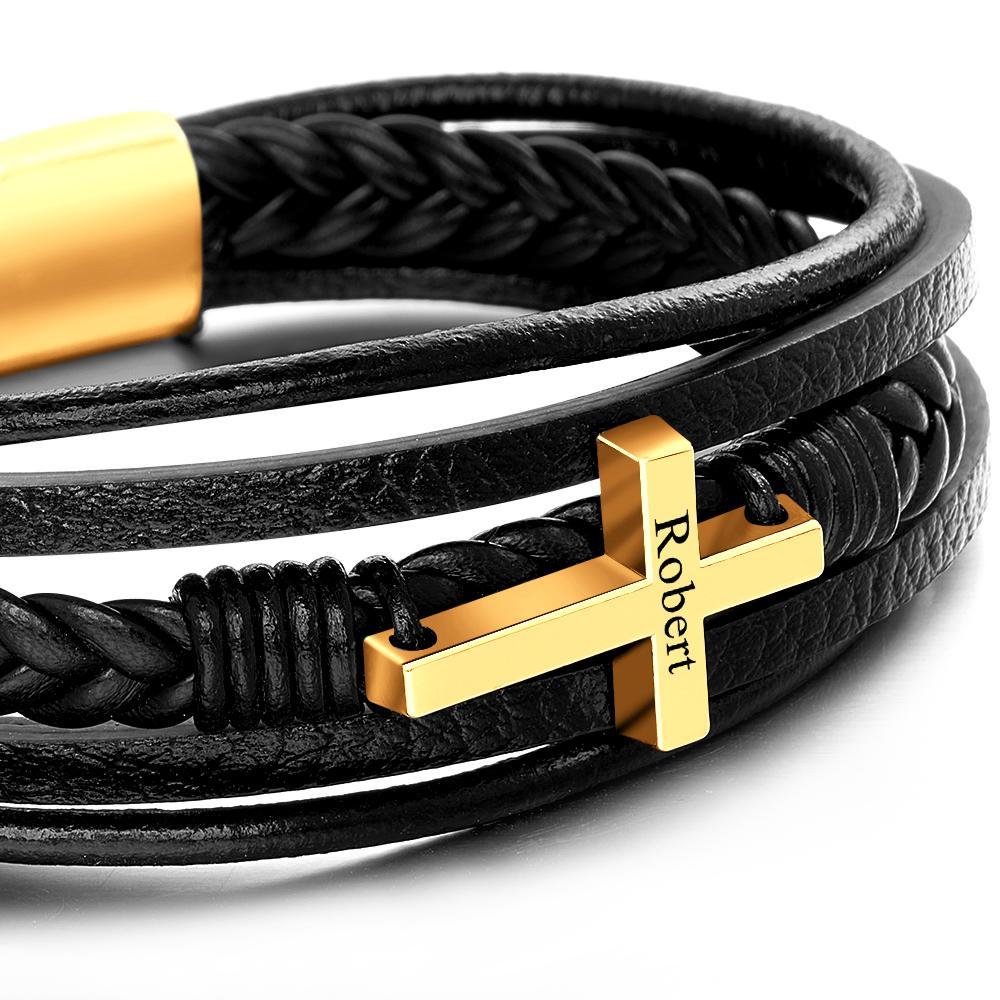 Bracciale Da Uomo Con Croce Stile Classico Braccialetti In Pelle Multistrato In Acciaio Inossidabile Per Regali Di Gioielli Di Moda Per Amici - soufeelit