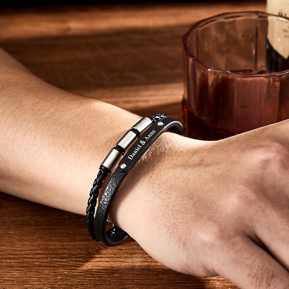 Bracciale In Pelle Da Uomo Stile Retrò Multistrato Con Incisione Personalizzata - soufeelit