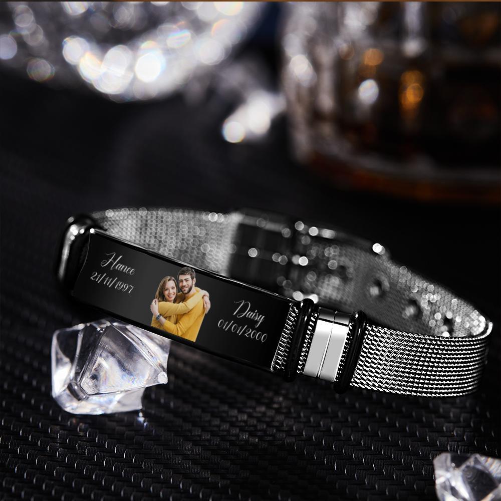 Bracciale Da Uomo In Acciaio Inossidabile Personalizzato Con Due Data E Nome Personalizzati Filtro Nero Con Incisione Fotografica I Migliori Regali Per Le Coppie - soufeelit