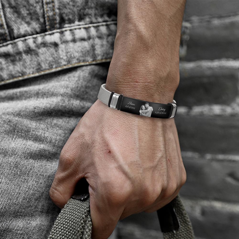 Bracciale Da Uomo In Acciaio Inossidabile Personalizzato Con Due Data E Nome Personalizzati Filtro Nero Con Incisione Fotografica I Migliori Regali Per Le Coppie - soufeelit