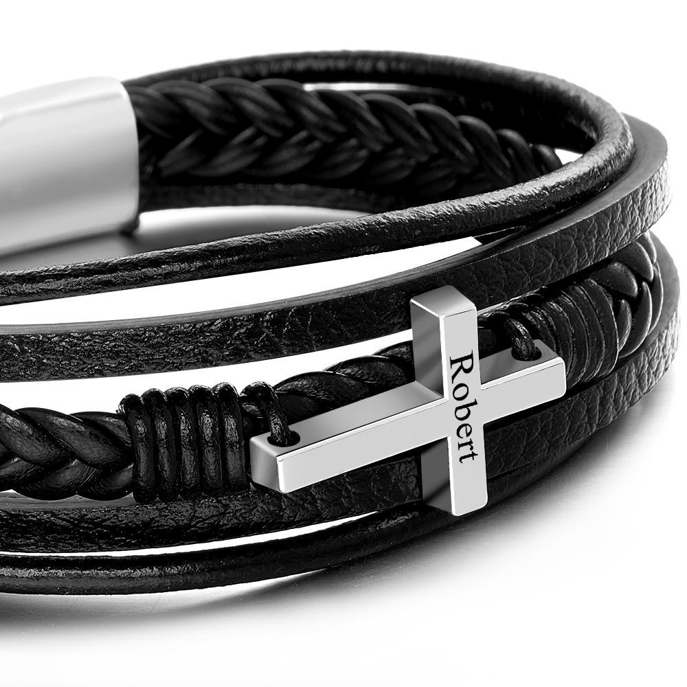 Bracciale Da Uomo Con Croce Stile Classico Braccialetti In Pelle Multistrato In Acciaio Inossidabile Per Regali Di Gioielli Di Moda Per Amici - soufeelit