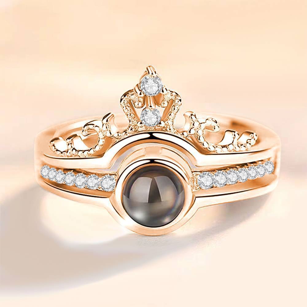 Anello I Love You In 100 Lingue Anello Per Proiezione Corona Con Foto Incisa, Coppie Romantiche Regalo Due In Uno Placcato In Oro Rosa - Argento