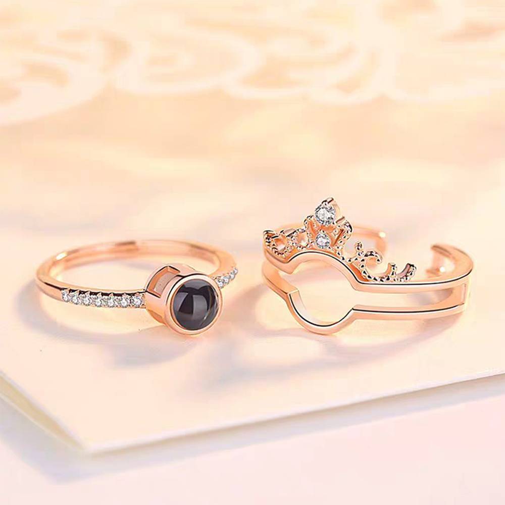 Anello I Love You In 100 Lingue Anello Per Proiezione Corona Con Foto Incisa, Coppie Romantiche Regalo Due In Uno Placcato In Oro Rosa - Argento