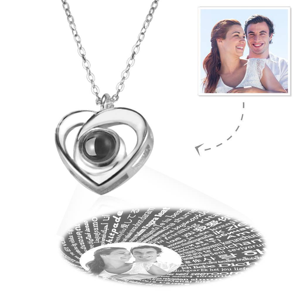 Collana I Love You In 100 Lingue, Collana Di Proiezione Con Foto Incisa, Elegante Collana In Argento A Cuore