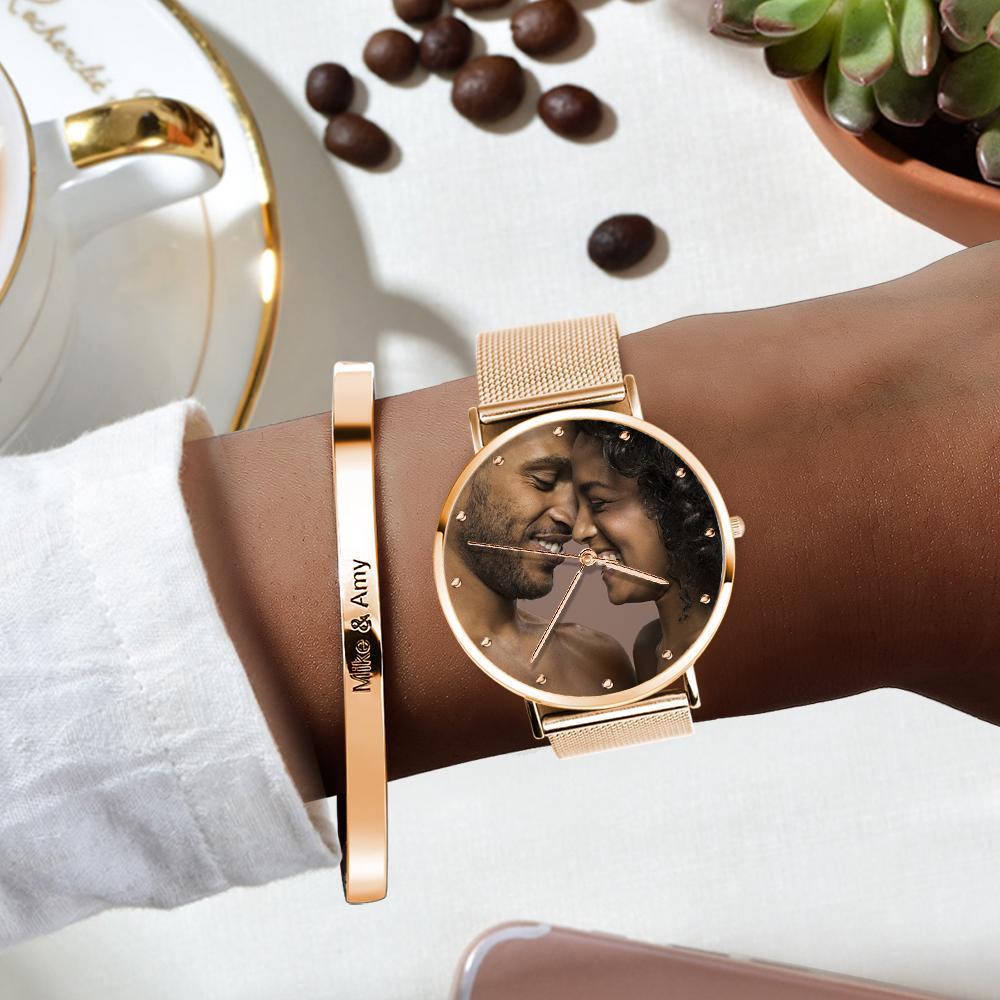 Relógio Feminino Com Pulseira De Liga De Ouro Rosa Gravado Com Foto 36 Mm