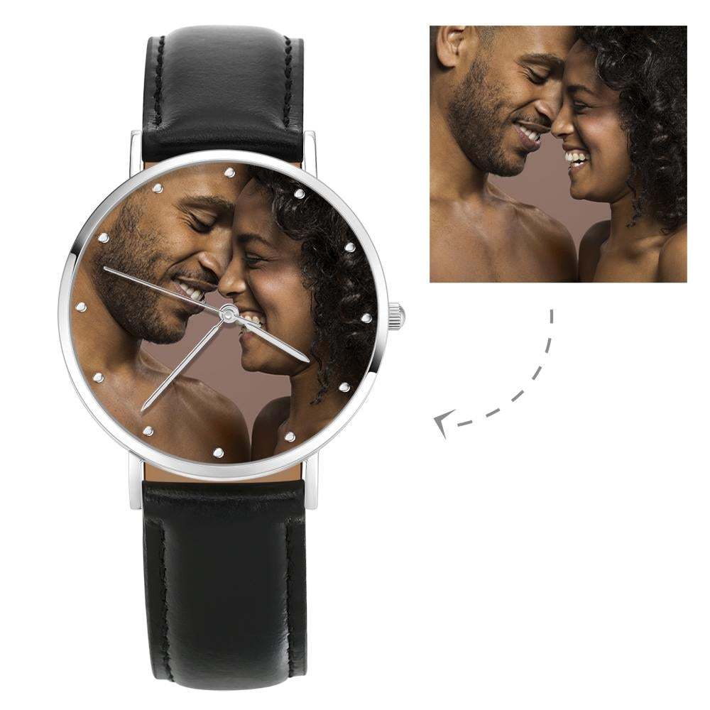 Relógio Com Foto Gravada Unissex Com Pulseira De Couro Preta De 40 Mm Para Presente Do Dia Dos Namorados