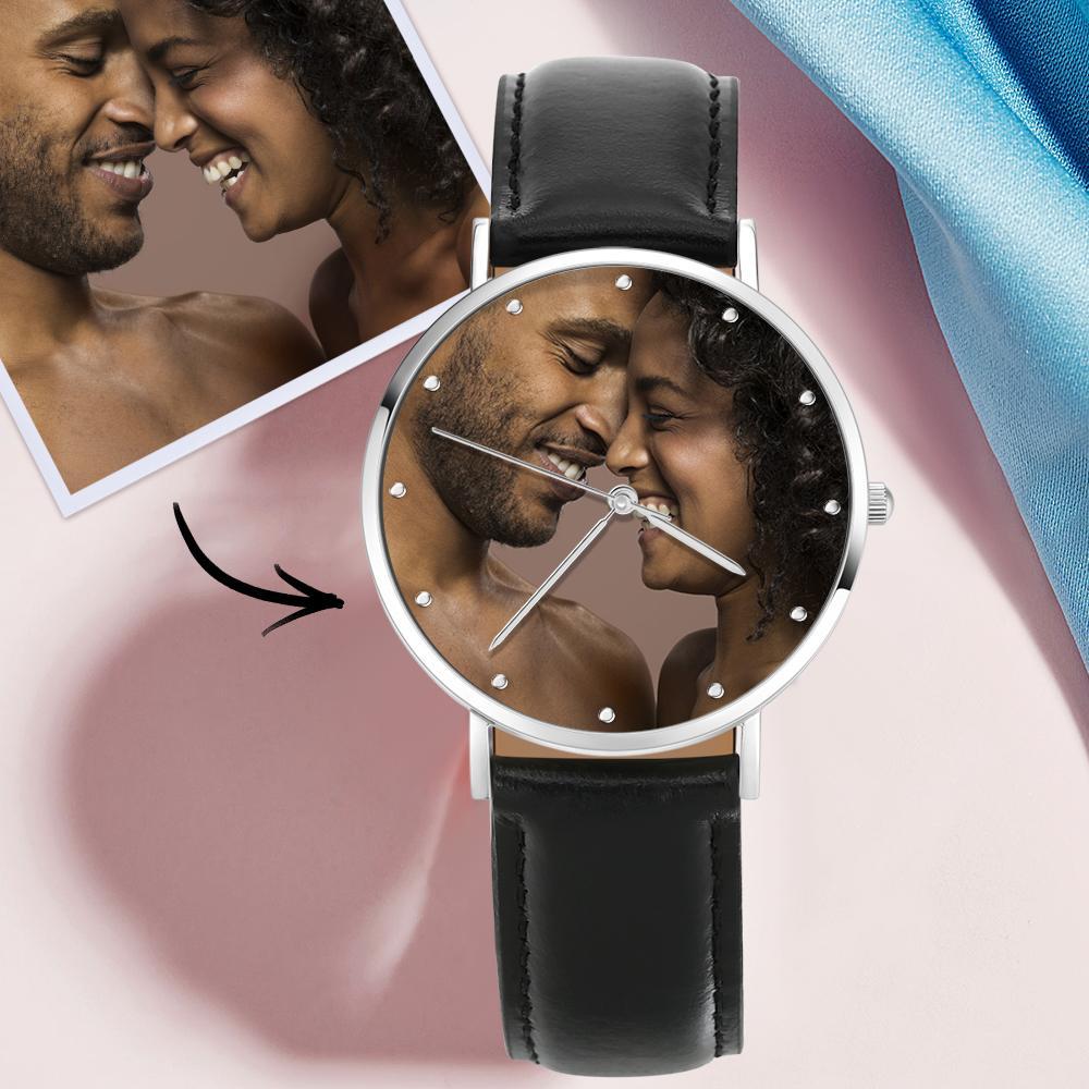 Relógio Com Foto Gravada Unissex Com Pulseira De Couro Preta De 40 Mm Para Presente Do Dia Dos Namorados