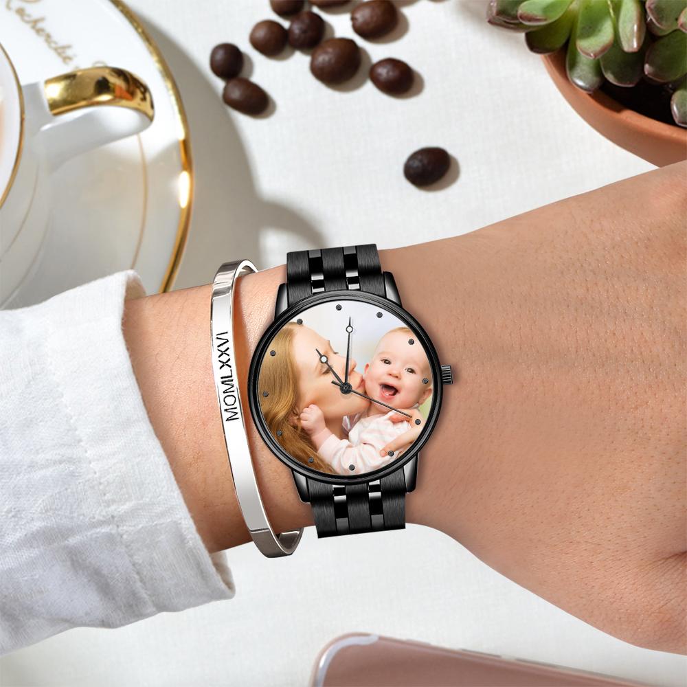 Orologio Da Uomo Con Foto Incisa Cinturino In Lega Nera