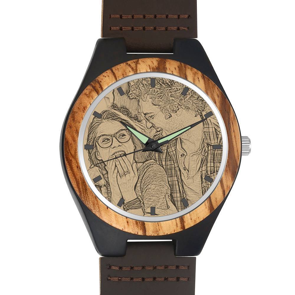 Orologio Da Foto In Legno Inciso Da Uomo Cinturino In Pelle Marrone 45mm