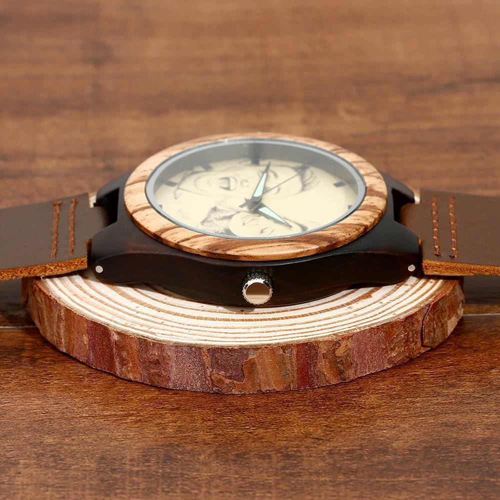 Orologio Da Foto In Legno Inciso Da Uomo Cinturino In Pelle Marrone 45mm