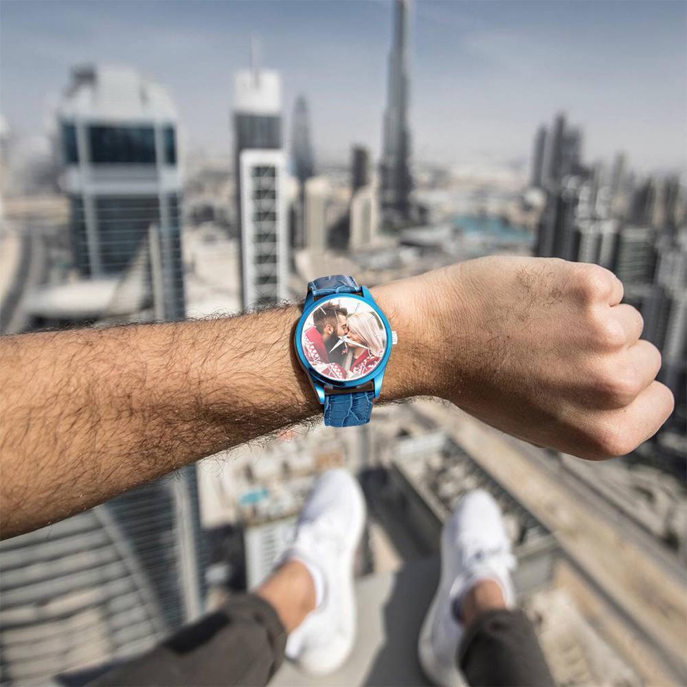 Orologio scolpito personalizzato, orologio fotografico dell'uomo con cinturino blu- regalo per il ragazzo