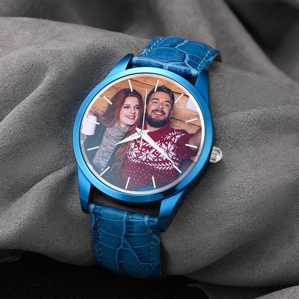Orologio scolpito personalizzato,Orologio fotografico da donna con cinturino blu