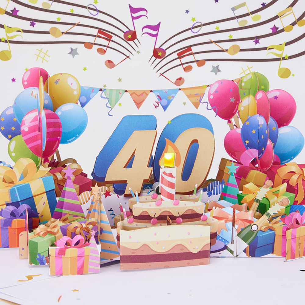 Luci E Musica 40th Happy Birthday 3d Biglietto D'auguri Pop-up Per Lei O Per Lui