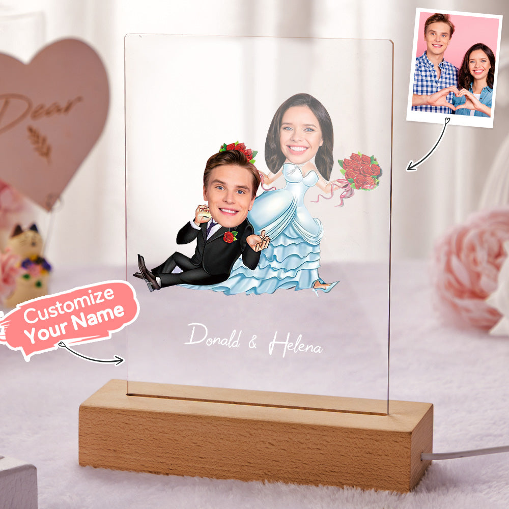 Foto Di Coppia Personalizzata E Nome Lampada A Led In Acrilico Base In Legno - soufeelitLampada Personalizzata
