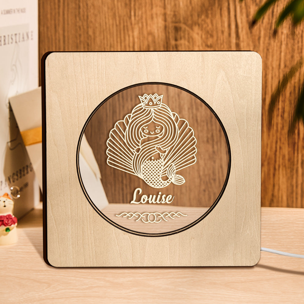 Lampada Da Notte Personalizzata Con Nome Inciso A Forma Di Sirena Con Cornice In Legno Personalizzata - soufeelit