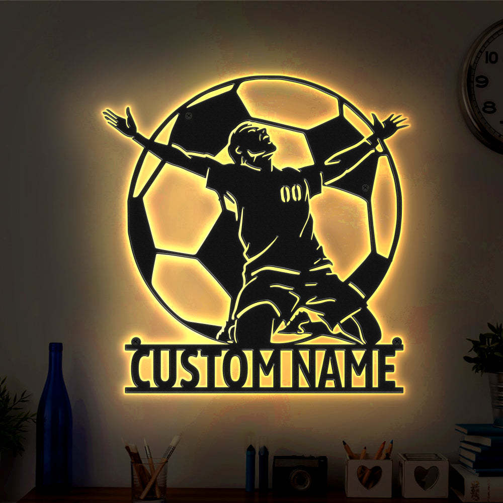 Segni Di Calcio Personalizzati Metal Wall Art Football Player Led Lights Decor Regalo Per Lui - soufeelit