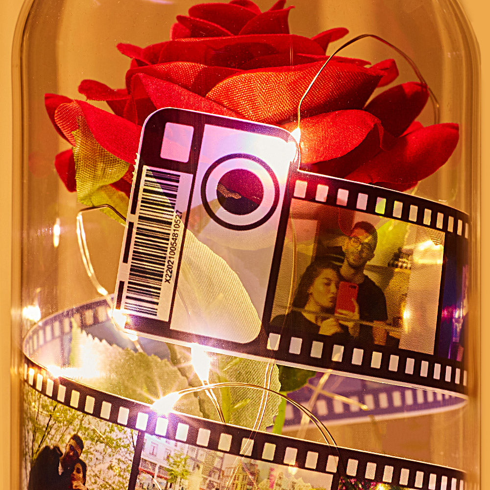 Álbum De Fotos Personalizado De Flores Rosas Em Vidro Com Lâmpada Led Com Base Preta De Filme - Presente Para Ela - soufeelbr