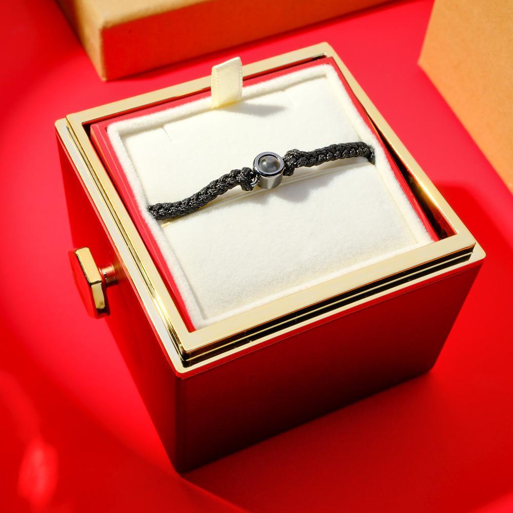 Caixa Rosa Eterna E Pulseira Casal De Projeção Fotográfica Bracelete Corda Preta Trançada Presente Para Amantes
