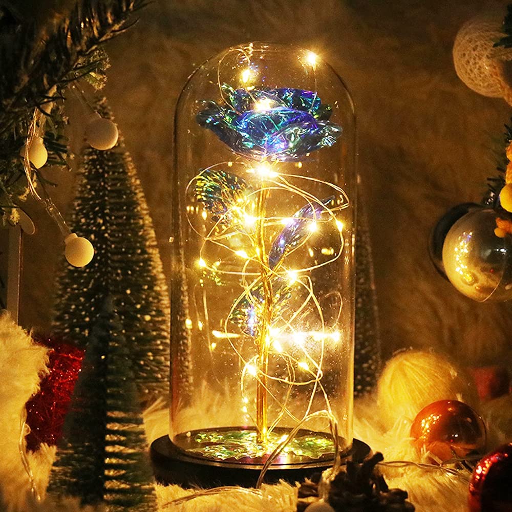 Simulação Romântica Flor Azul Eterna Tampa De Vidro Led Micro Paisagismo Presentes No Natal, Dia Dos Namorados E Aniversário