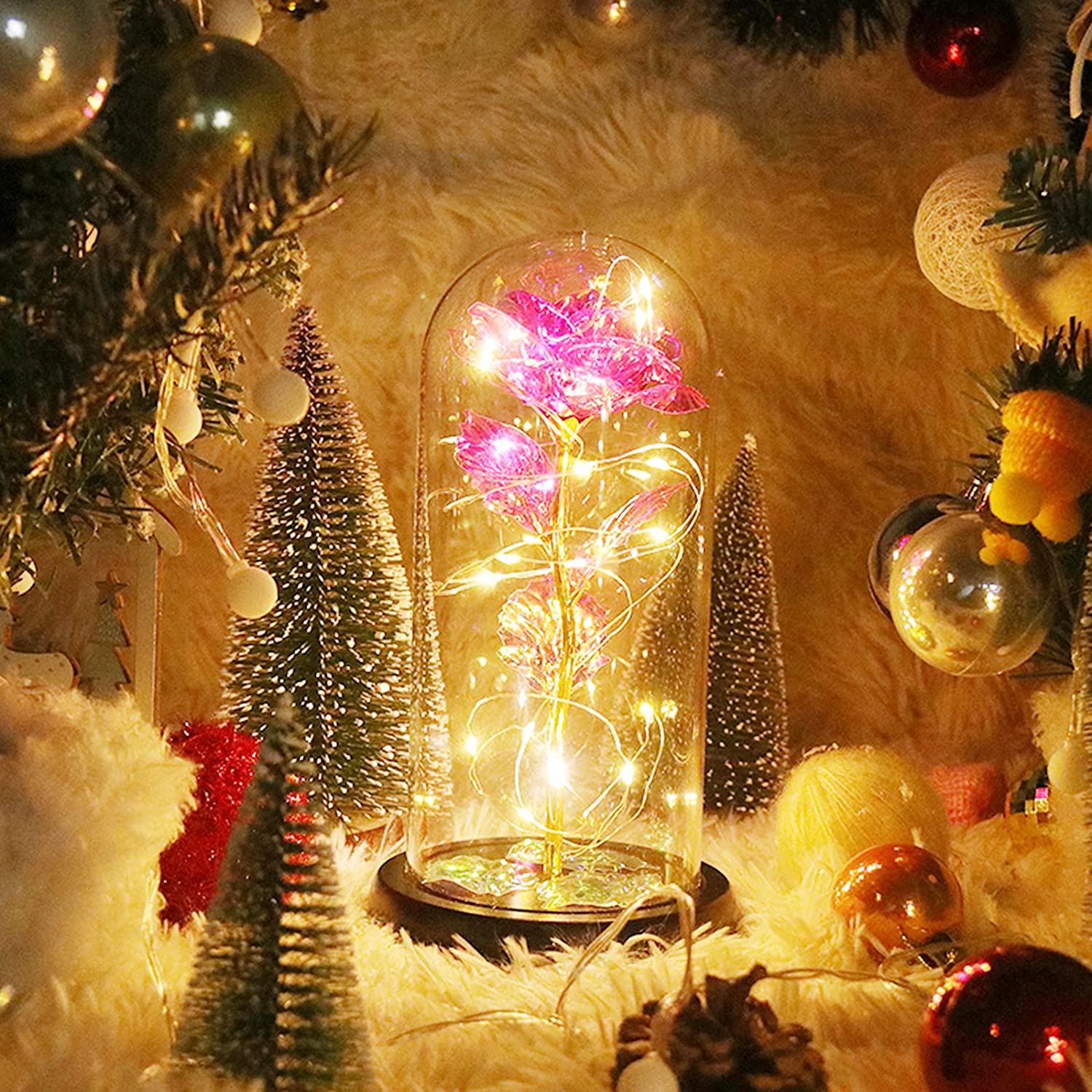 Simulação Romântica Flor Rosa Eterna Tampa De Vidro Led Micro Paisagismo Presentes No Natal, Dia Dos Namorados E Aniversário