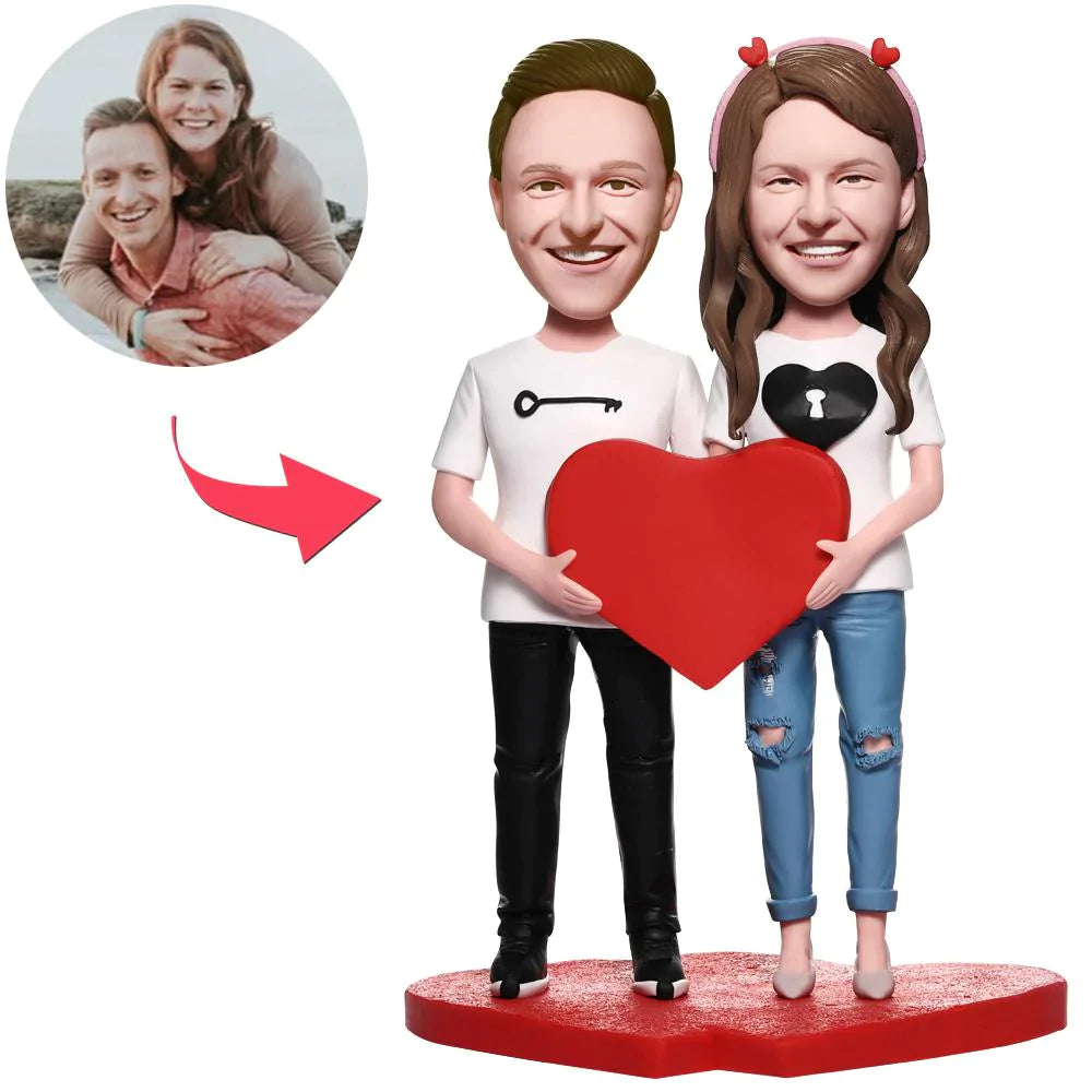 Presente De Aniversário Bloqueio Amor Com Coração Casal Bobblehead Personalizado Com Texto Gravado - soufeelbr