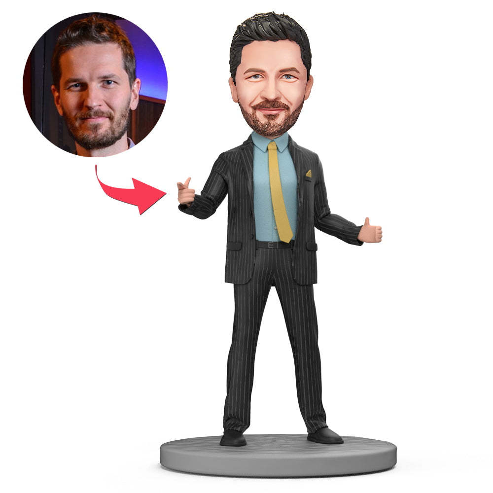 Terno Preto Com Camisa Azul E Gravata Amarela Homem De Negócios Bobblehead Personalizado Com Texto Gravado - soufeelbr