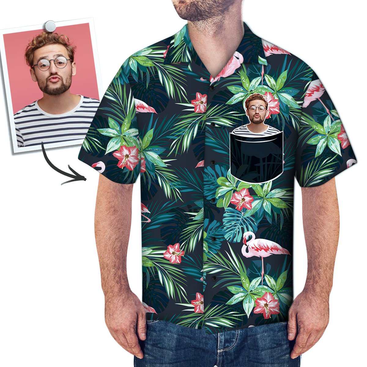 Camisa Havaiana Com Rosto Personalizado Foto Personalizada Camisa De Bolso Falsa Verde Folha