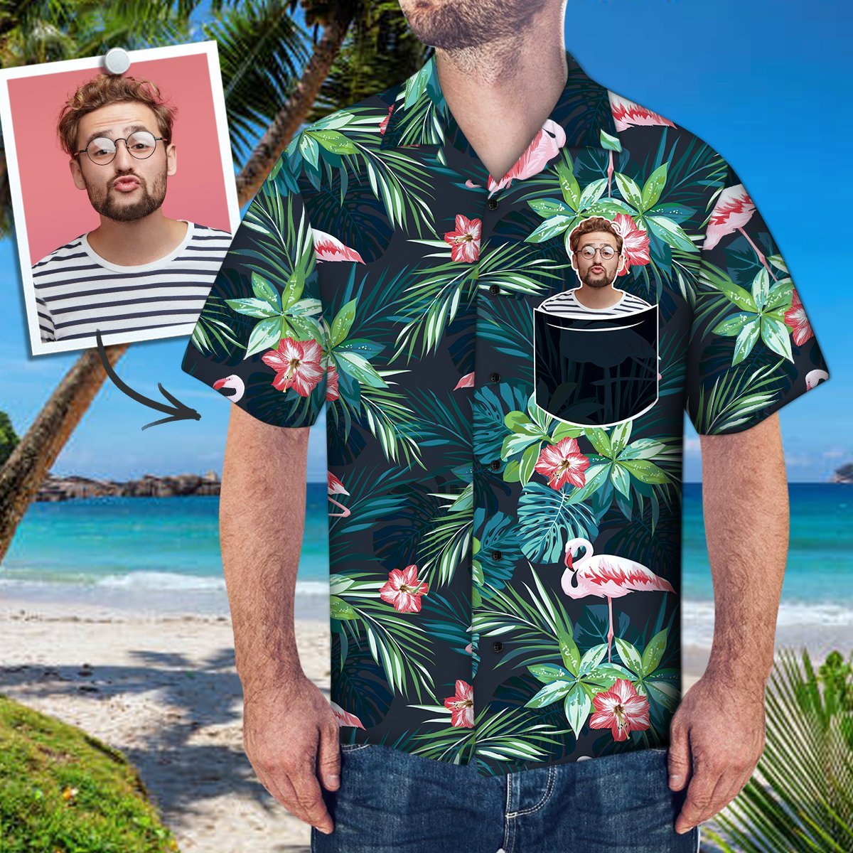 Camisa Havaiana Com Rosto Personalizado Foto Personalizada Camisa De Bolso Falsa Verde Folha