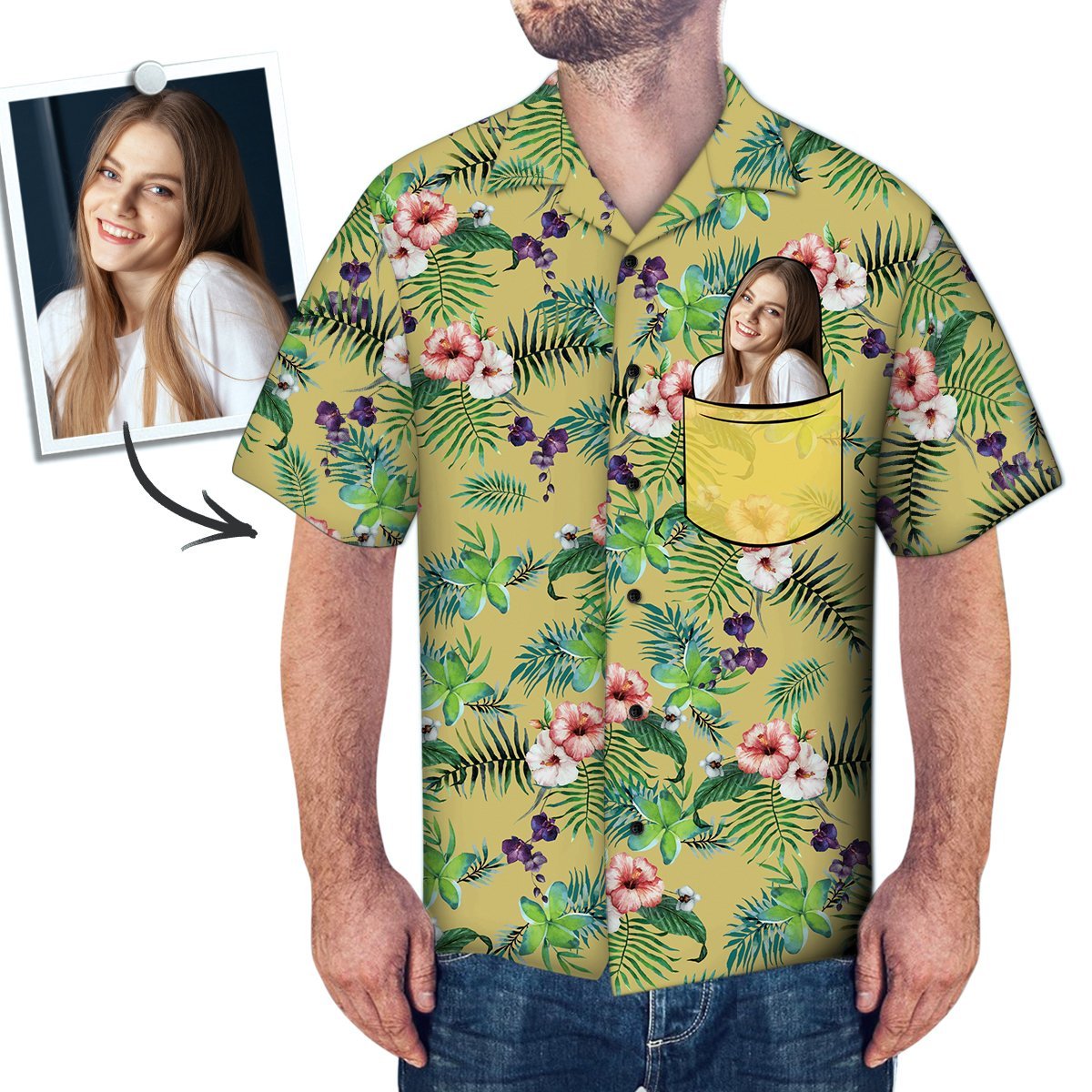 Camisa Havaiana Personalizada Com Foto Personalizada Com Flores Falsas De Bolso