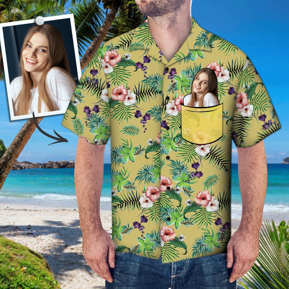 Camisa Havaiana Personalizada Com Foto Personalizada Com Flores Falsas De Bolso