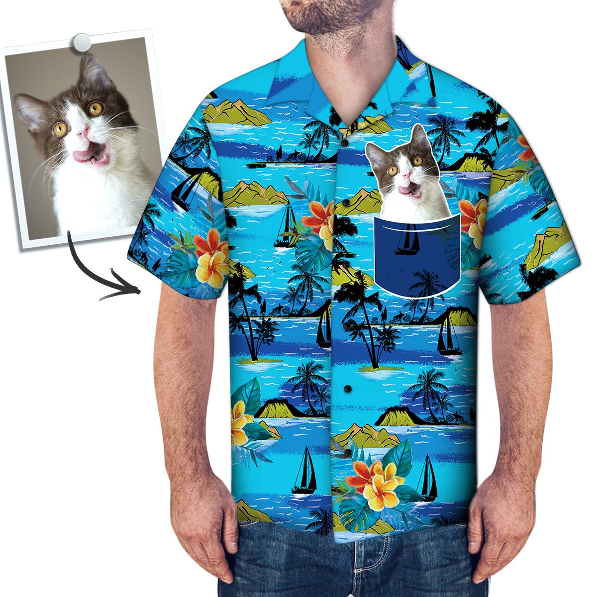 Camisa Havaiana Com Rosto Personalizado Foto Personalizada Camisa De Bolso Falsa Árvore De Vela