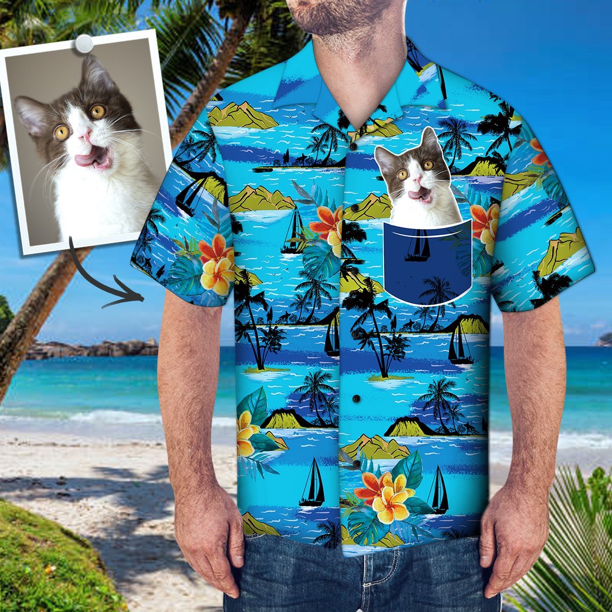Camisa Havaiana Com Rosto Personalizado Foto Personalizada Camisa De Bolso Falsa Árvore De Vela