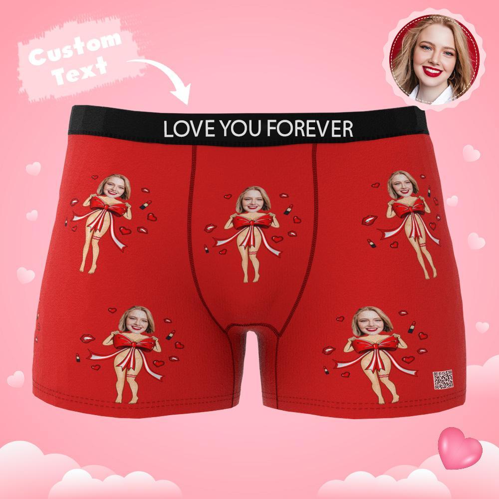 Boxer De Foto Personalizada Com Laço Vermelho, Roupa Íntima Masculina, Presente Para Namorado, Ar View, Presente De Dia Dos Namorados - soufeelbr