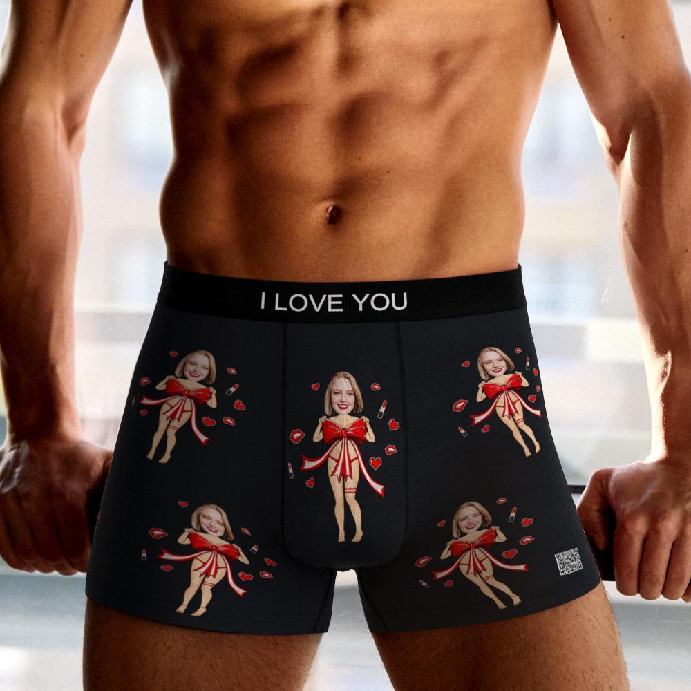 Cueca Boxer Com Foto Personalizada Laço Vermelho Presente Roupa Íntima Masculina Para Namorado Vista Ar - soufeelbr