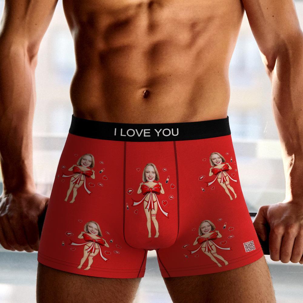 Cueca Boxer Com Foto Personalizada Laço Vermelho Presente Roupa Íntima Masculina Para Namorado Vista Ar - soufeelbr