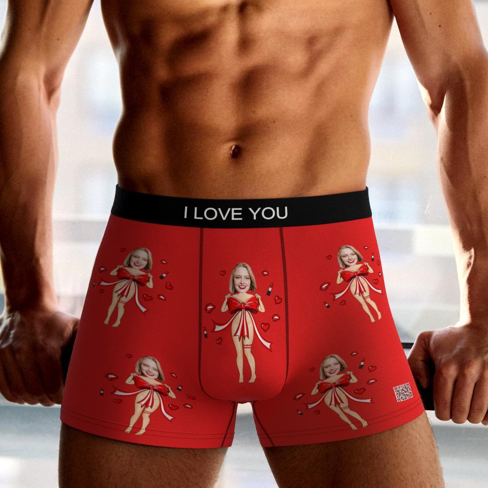 Boxer De Foto Personalizada Com Laço Vermelho, Roupa Íntima Masculina, Presente Para Namorado, Ar View, Presente De Dia Dos Namorados - soufeelbr