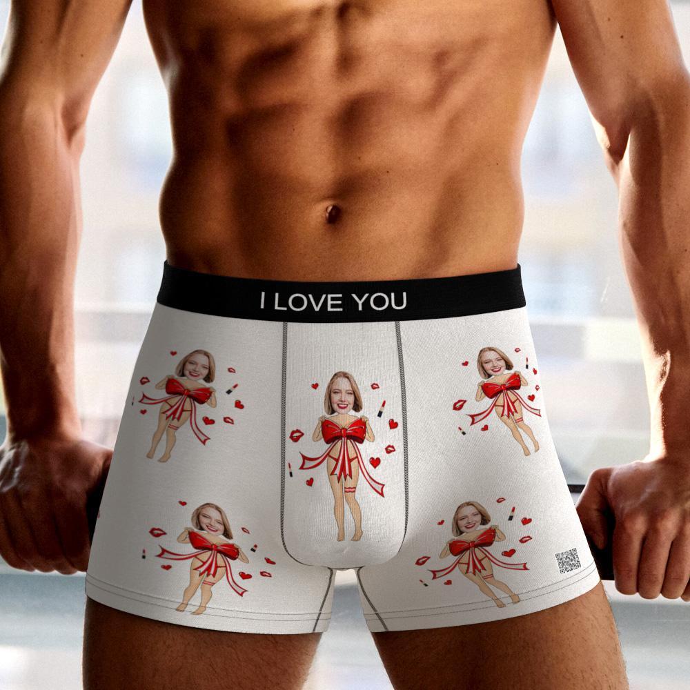 Cueca Boxer Com Foto Personalizada Laço Vermelho Presente Roupa Íntima Masculina Para Namorado Vista Ar - soufeelbr