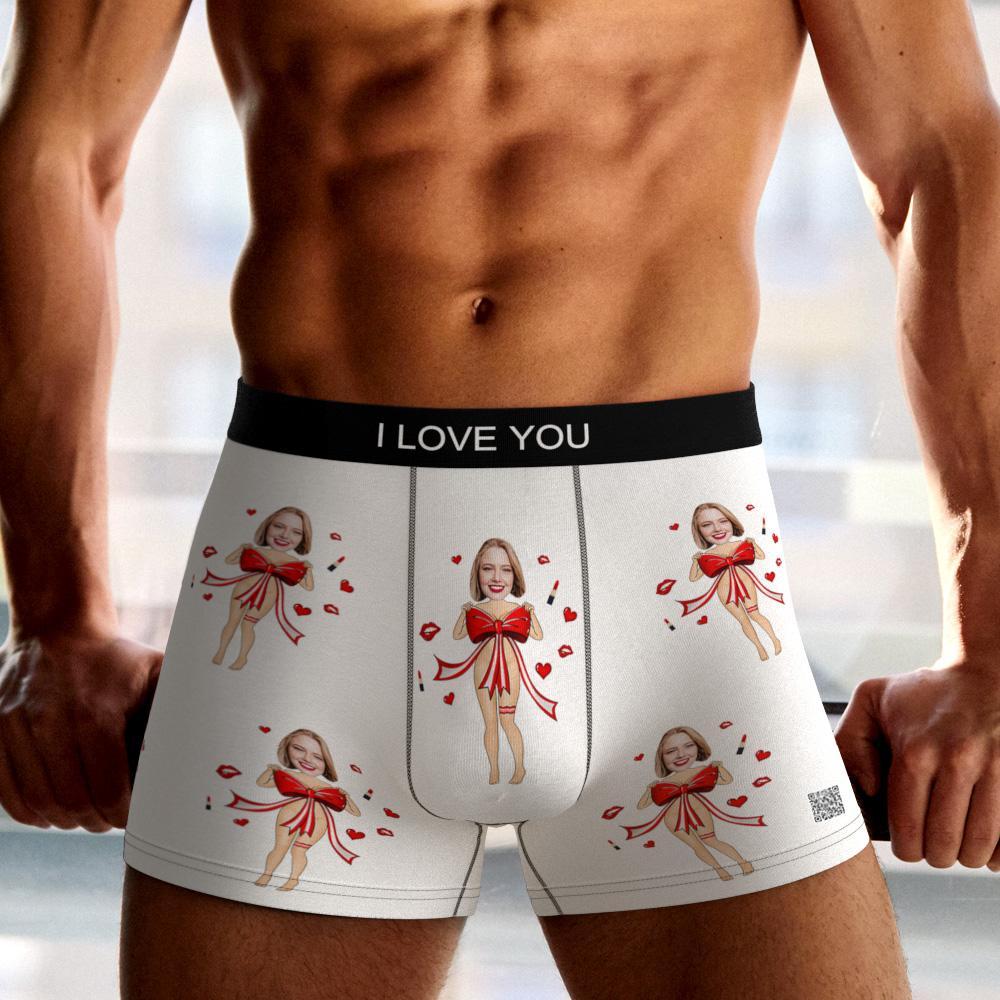Boxer De Foto Personalizada Com Laço Vermelho, Roupa Íntima Masculina, Presente Para Namorado, Ar View, Presente De Dia Dos Namorados - soufeelbr