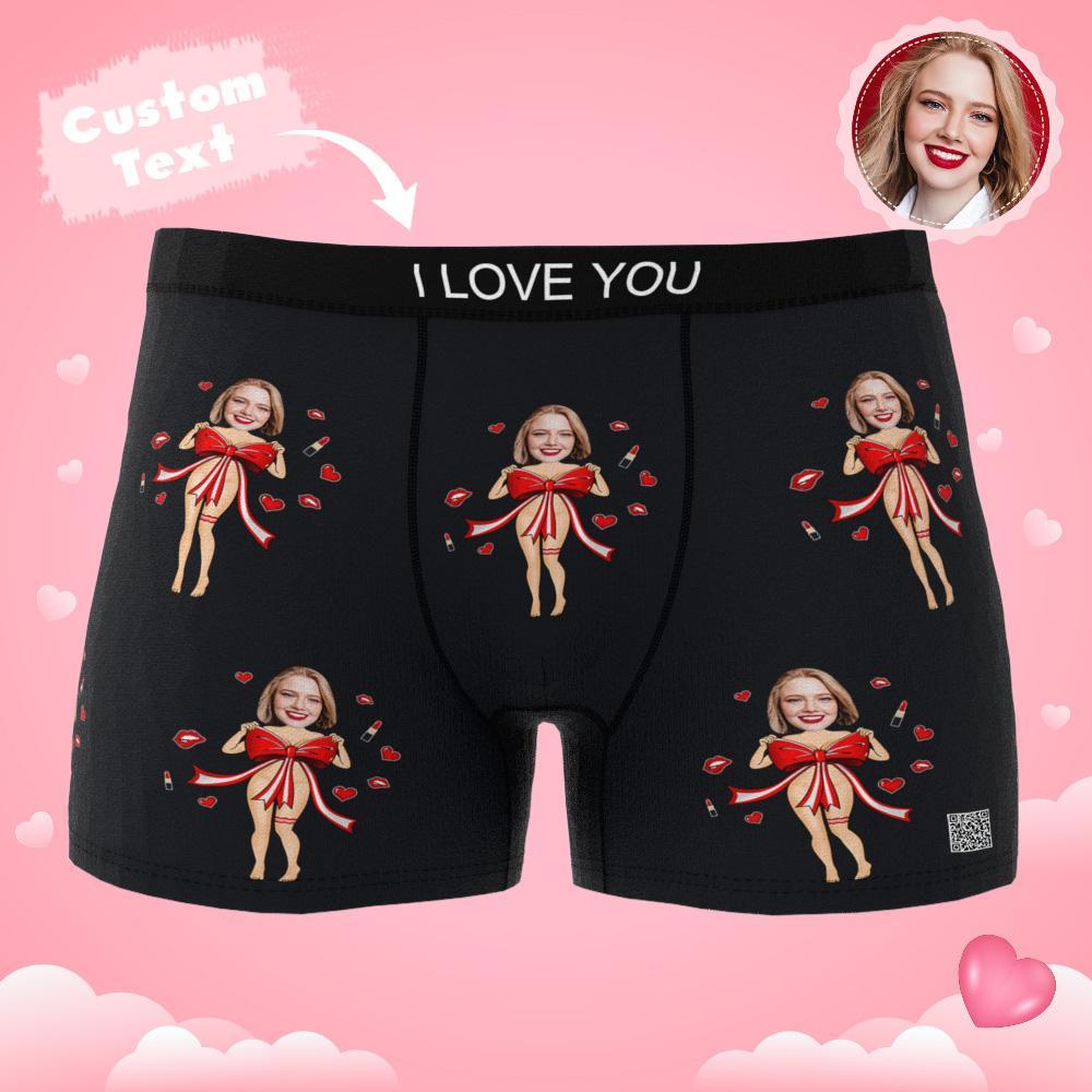 Boxer De Foto Personalizada Com Laço Vermelho, Roupa Íntima Masculina, Presente Para Namorado, Ar View, Presente De Dia Dos Namorados - soufeelbr