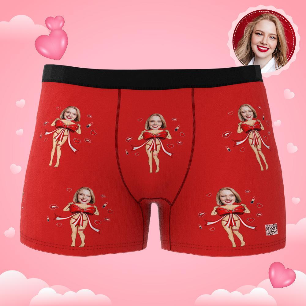 Cueca Boxer Com Foto Personalizada Laço Vermelho Presente Roupa Íntima Masculina Para Namorado Vista Ar - soufeelbr