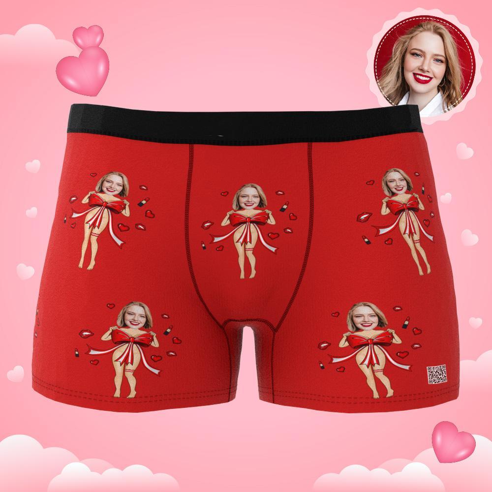 Boxer De Foto Personalizada Com Laço Vermelho, Roupa Íntima Masculina, Presente Para Namorado, Ar View, Presente De Dia Dos Namorados - soufeelbr