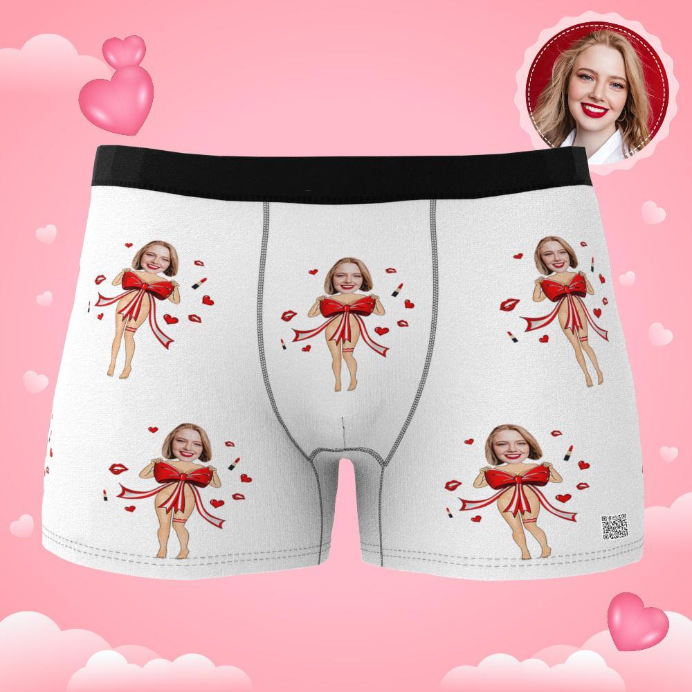 Boxer De Foto Personalizada Com Laço Vermelho, Roupa Íntima Masculina, Presente Para Namorado, Ar View, Presente De Dia Dos Namorados - soufeelbr