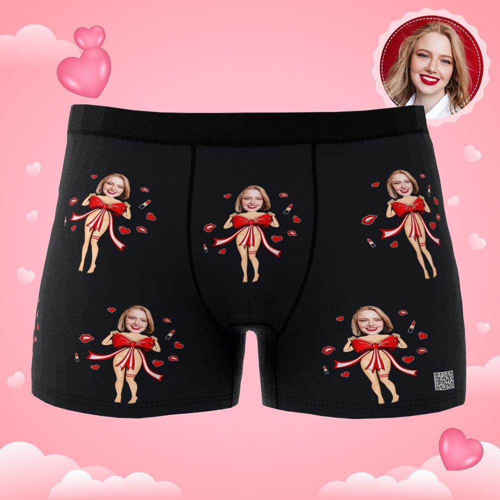 Boxer De Foto Personalizada Com Laço Vermelho, Roupa Íntima Masculina, Presente Para Namorado, Ar View, Presente De Dia Dos Namorados - soufeelbr