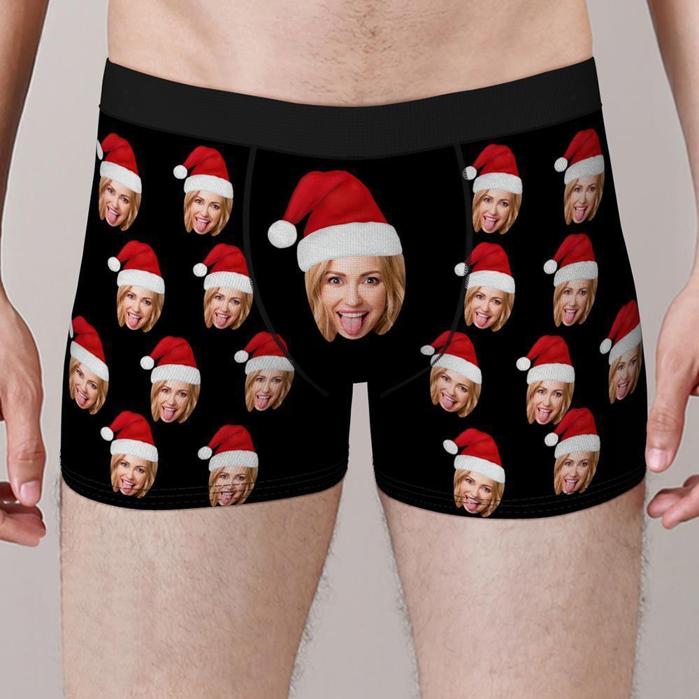 Shorts Boxers Rosto Personalizado Com Chapéu De Natal Roupa Íntima Com Foto Personalizada Presente De Natal Para Homens