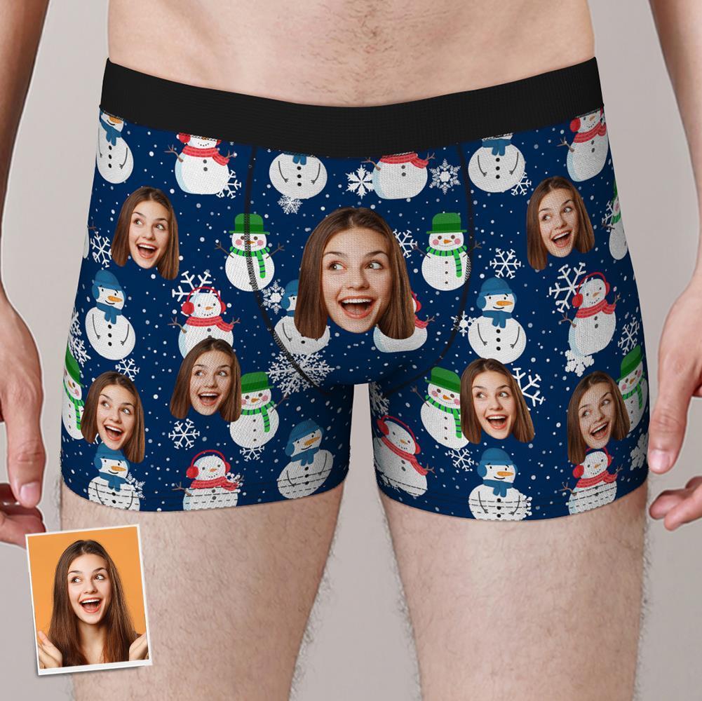 Shorts Boxers Rosto Personalizado Natal Boneco De Neve Roupa Interior Com Foto Personalizada Presente De Natal Para Homens