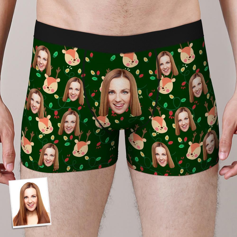Shorts Boxers Rosto Personalizado Natal Elk Roupa Interior Com Foto Personalizada Presente De Natal Para Homens