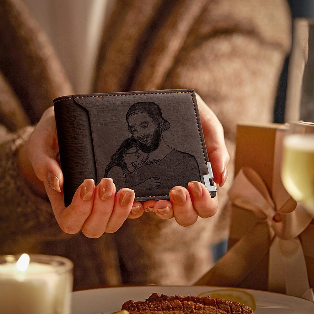 Presentes do Dia dos Pais Foto Personalizada Carteira Gravada Bifold de Estilo Curto - Couro Café